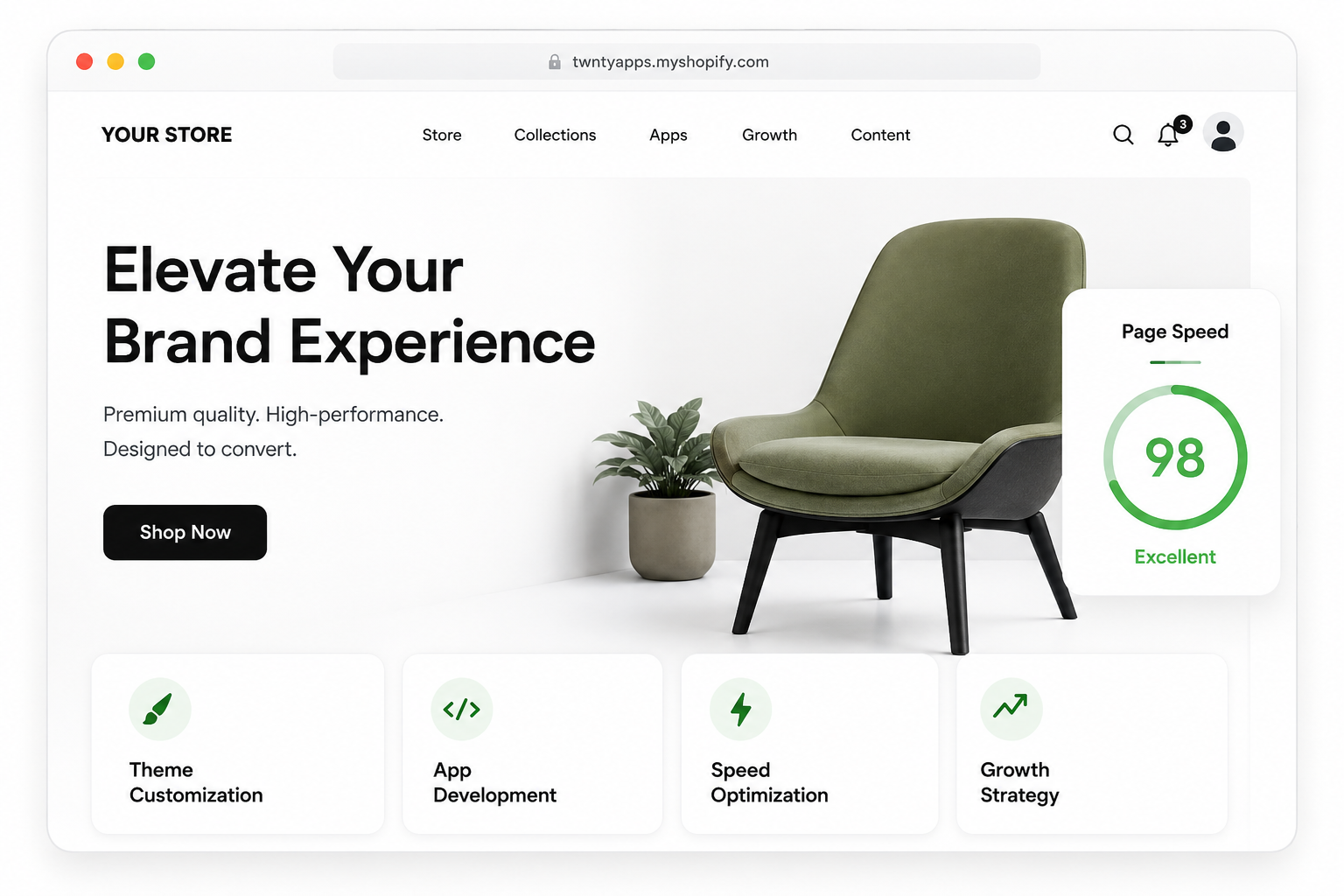 Shopify storefront and speed score preview